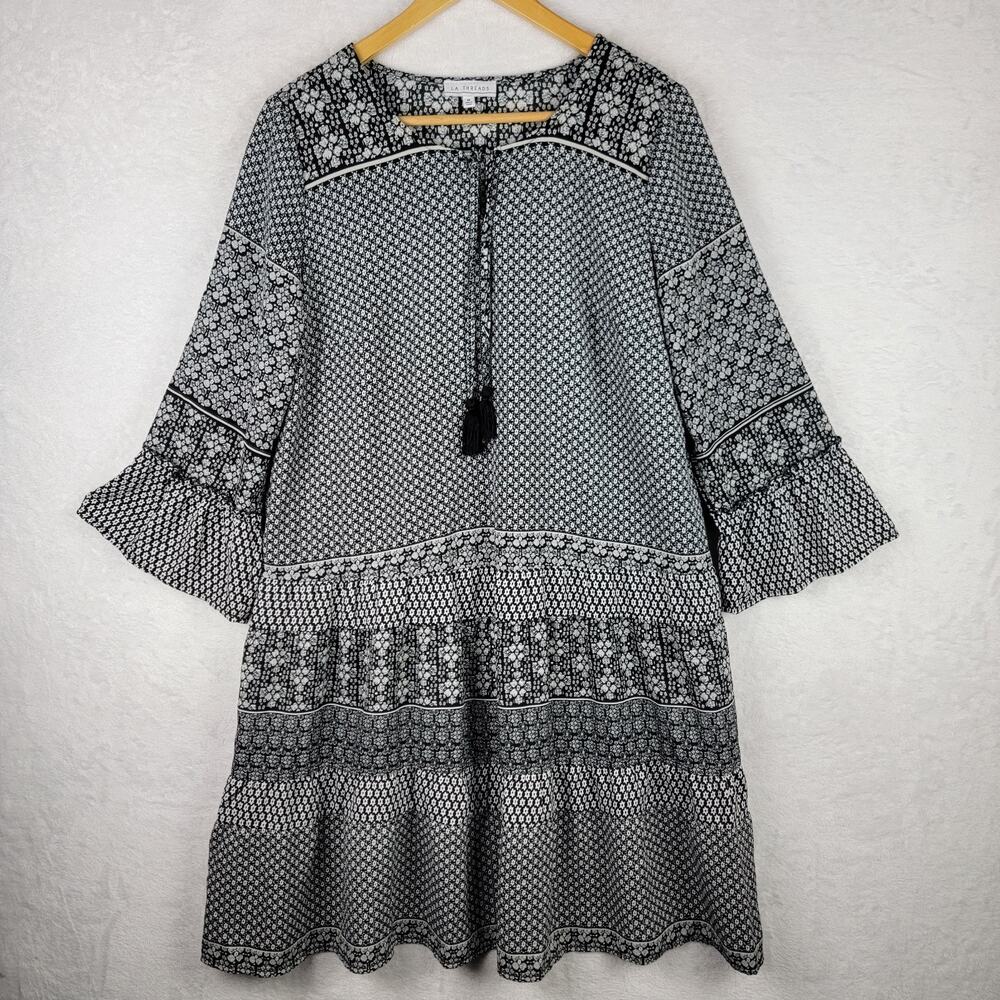 Cottagecore M Dress Midi Milkmaid Bell Sleeveless Black White Whimsical Casual